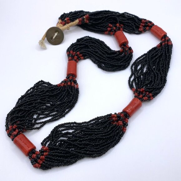 Antique Native American Black Seed Bead Coral 36" Multistrand Necklace J772 - Picture 3 of 7